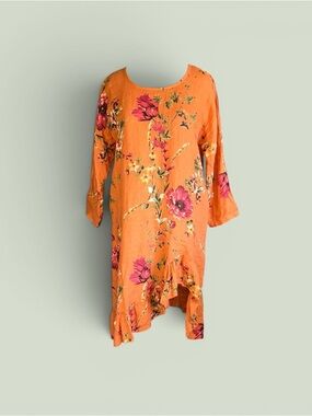 Helga May Orange Floral Linen Long Sleeve Midi Dress Pockets Ruffle Size XL Boho